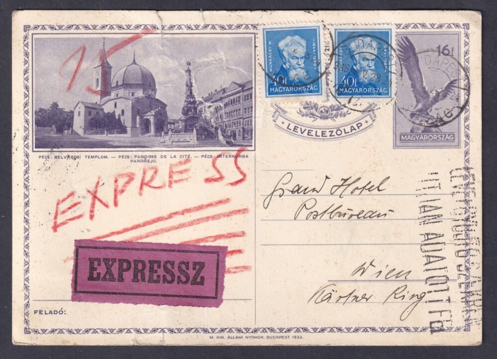 1936. Budapest, Bécsbe expressz feladott, díjkiegészített képeslevelezőlap