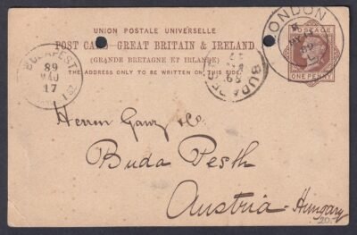 1889. London, Budapestre feladott, UPU - díjjegyes levelezőlap