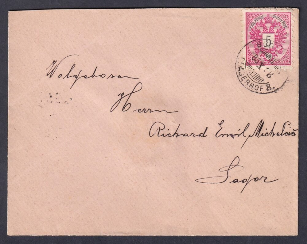 1885. BUDAPEST - PRAGERHOF mozgóposta bélyegzéssel érvénytelenített, Sagor-ba feladott Osztrák levél