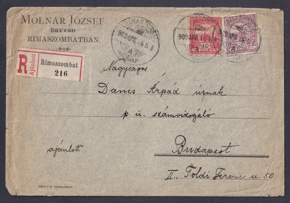 1909. Rimaszombat, Budapestre feladott ajánlott levél
