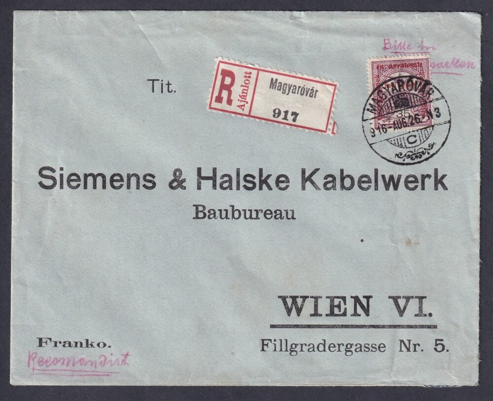 1916. Magyaróvár, Bécsbe feladott ajánlott levél, Hadisegély bélyeggel egyes bérmentesítés!