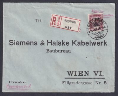 1916. Magyaróvár, Bécsbe feladott ajánlott levél, Hadisegély bélyeggel egyes bérmentesítés!