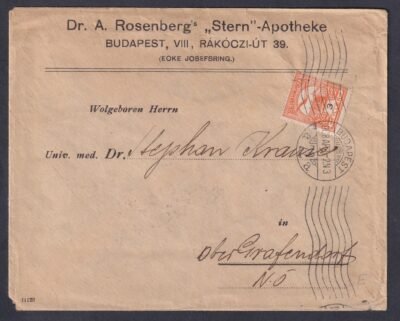 1908. Budapest, Ober-Grafendorf (Ausztria)-ba feladott 2. súlyfokozatú nyomtatvány boríték