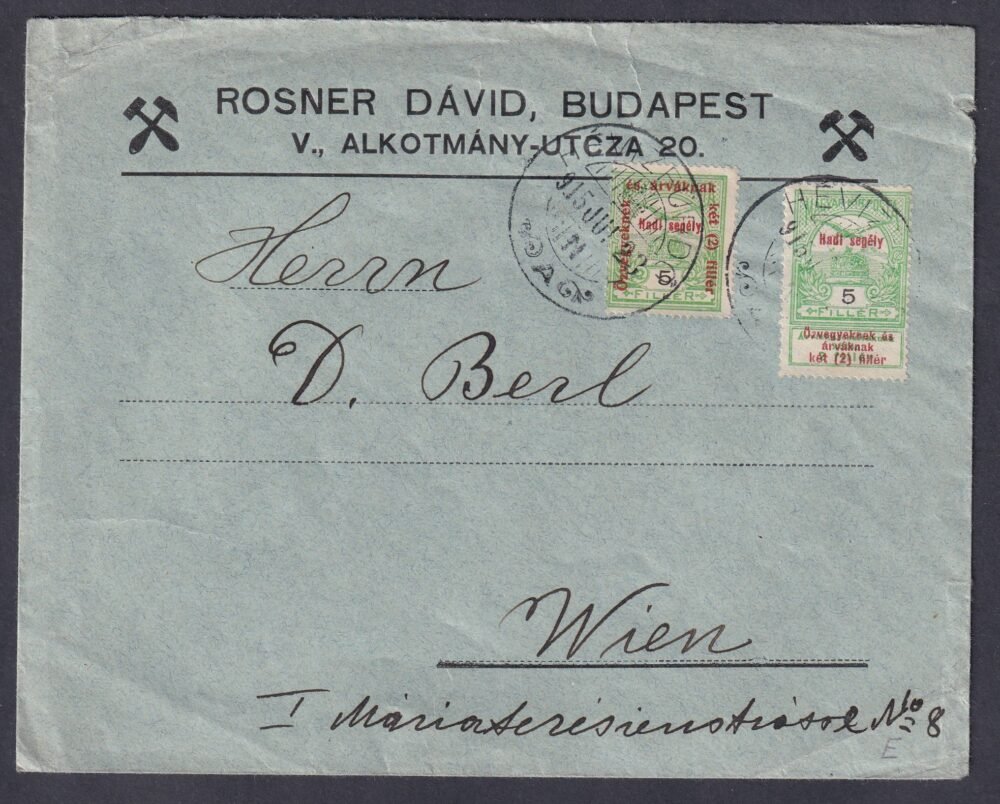 1915. Hadisegély I.-II. vegyes bérmentesítéssel Bécsbe feladott levél