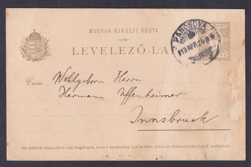 1913. Pancsova, Innsbruck-ba feladott levelezőlap, MINORITA RENDHÁZ PANCSOVA bélyegzéssel