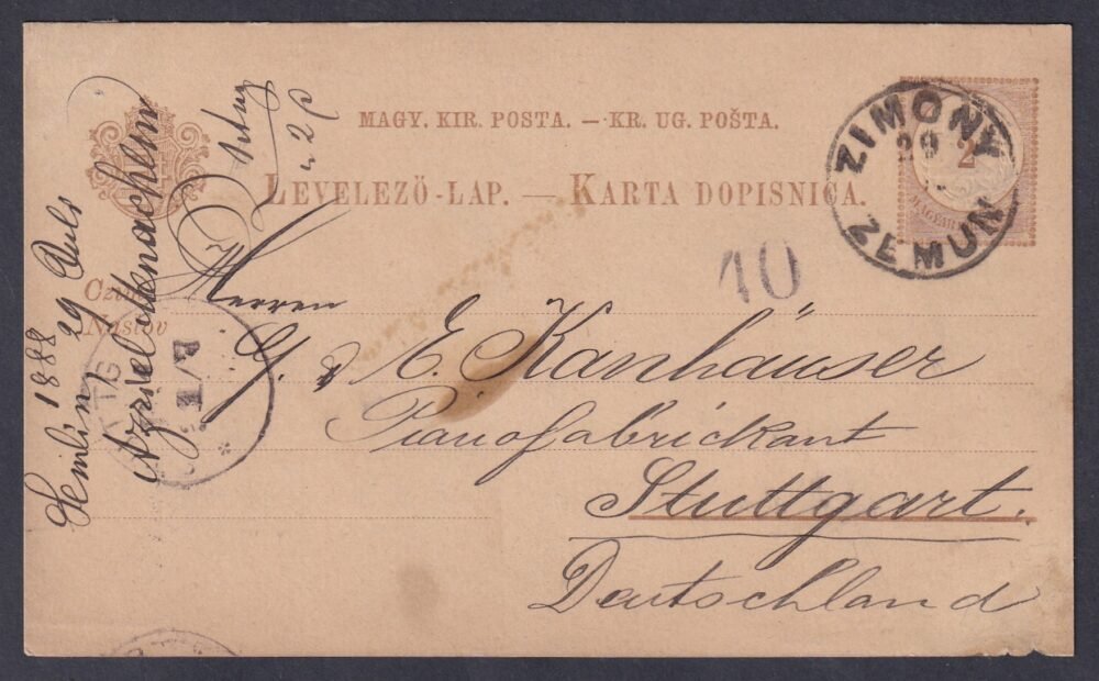 1888. ZIMONY / ZEMUN, Stuttgart -ba feladott kétnyelvű levelezőlap