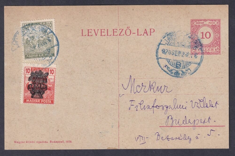 1920. Jászberény (kék színű bélyegzés) Budapest Merkur forgalmi vállalatnak feladott levelezőlap, Nemzeti Mozgóképszínház bélyegzéssel