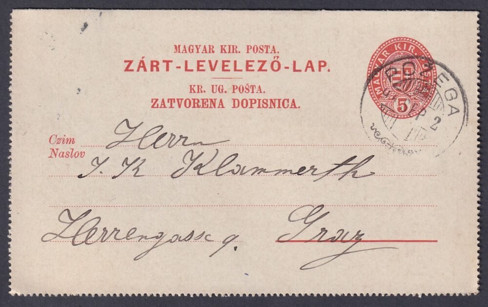 1895. POŽEGA Graz-ba feladott kétnyelvű Zárt levelezőlap
