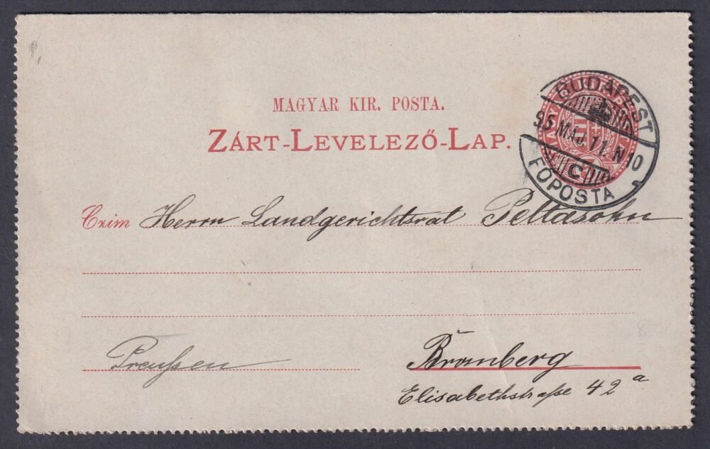 1895. Budapest, Bromberg (Ausztria) -ba feladott zárt levelezőlap