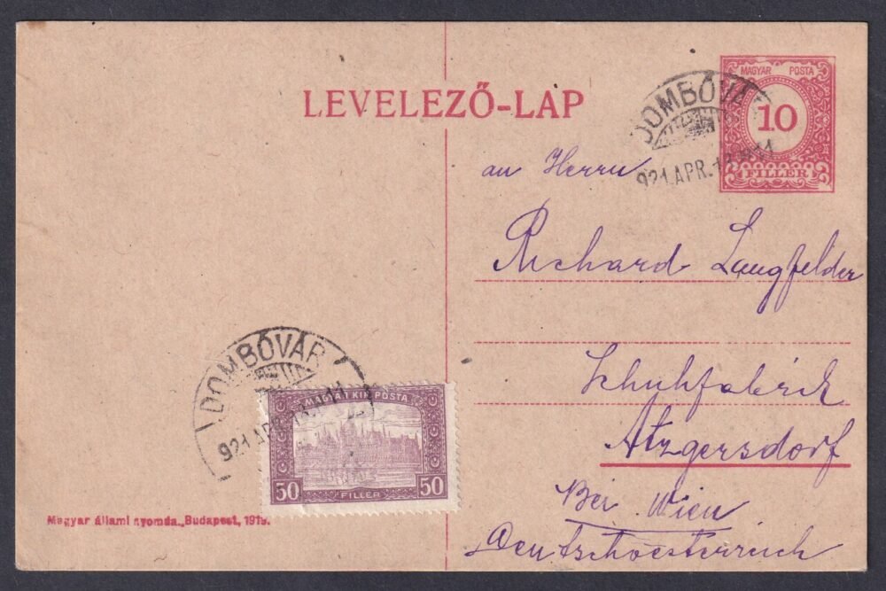 1921. Dombovár, Bécsbe feladott, Köztársaság kiadású díjjegyes levelezőlap, több látványos lemezhibával!