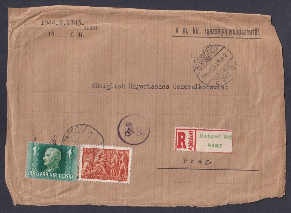 1944. A m. kir. igazságügyiminisztertől, Prágába feladott ajánlott levél előlap (Karácsony bélyeggel!)