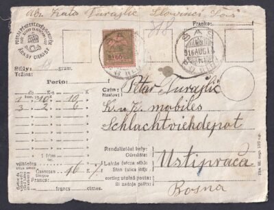 1916. Šaš, Ustiprača- ra feladott értéklevél előlapja (nagyon kis települések!)