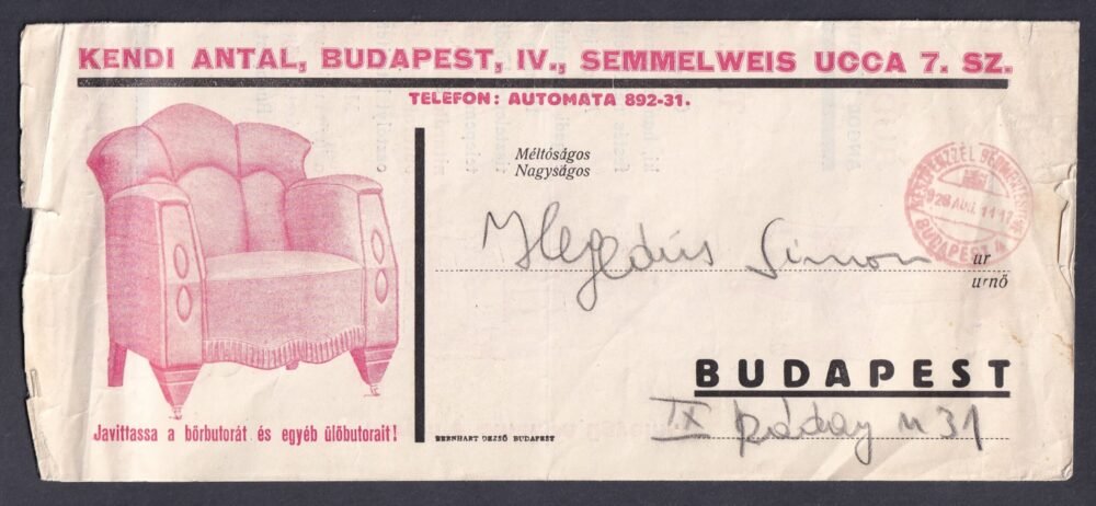 1928. Budapest, helyi készpénzzel bérmentesített, dekoratív céges boríték