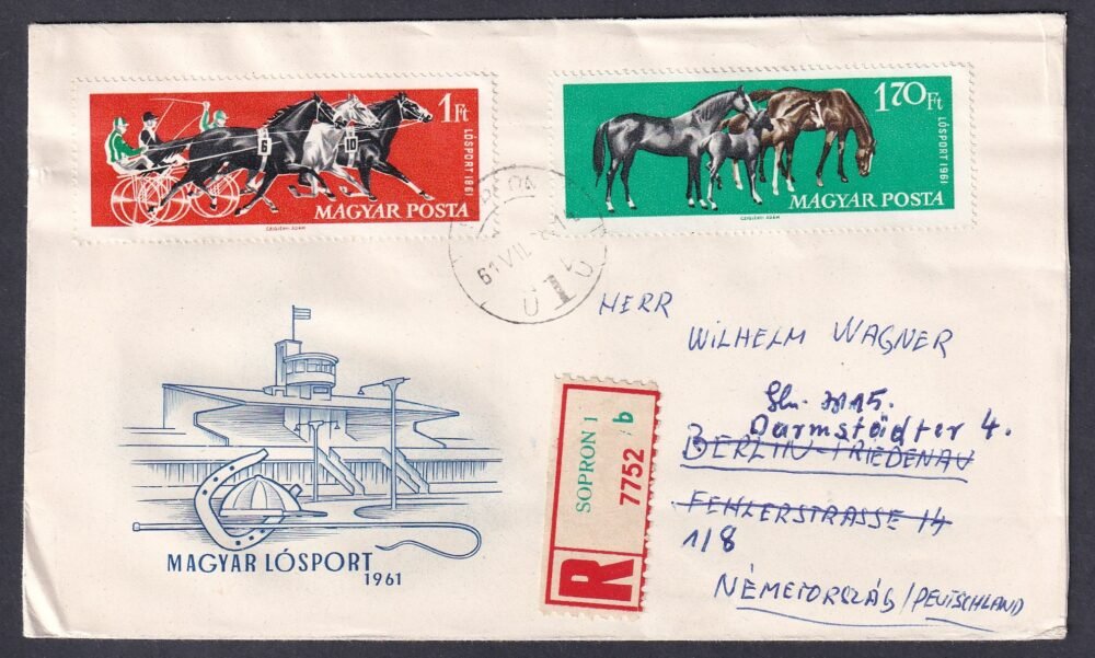 1961. Magyar lósport FDC, Németországba feladott ajánlott levélként