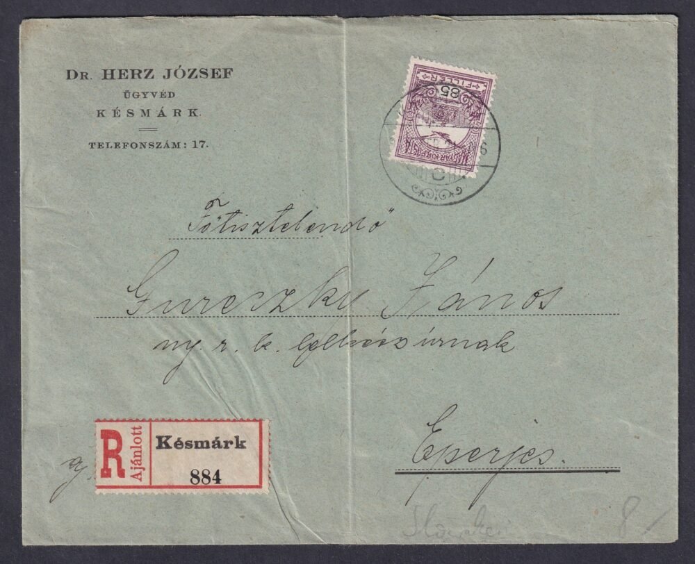 1911. Késmárk, Eperjesre feladott ajánlott levél