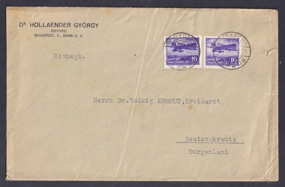 1934. Budapest, 2x16 f légiposta bélyeggel feladott levél, Deutschkreutz (Burgerland-Sopronkeresztúr)-ba