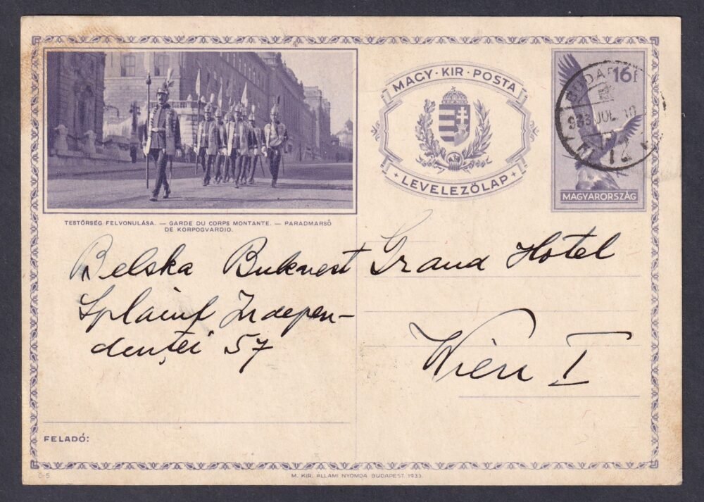 1933. Budapest, Bécsbe feladott képeslevelezőlap (1931. 16 f ibolya, C5.)