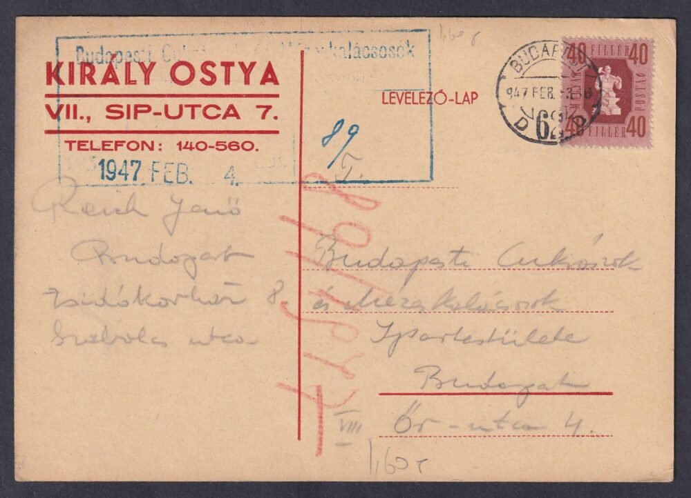 1947. Budapest, helyben feladott céges levelezőlap
