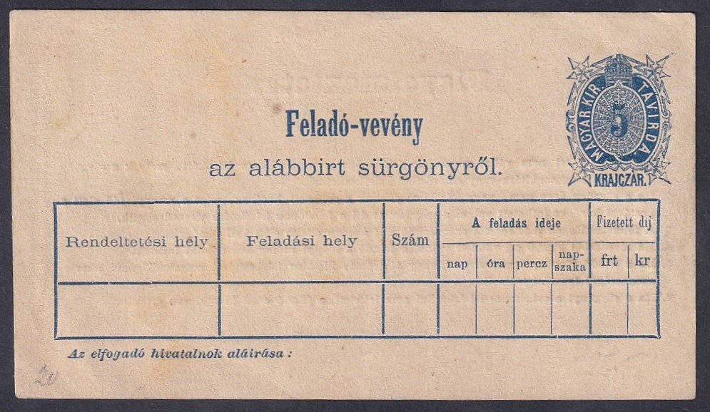 1873. Távírda Feladó-vevény