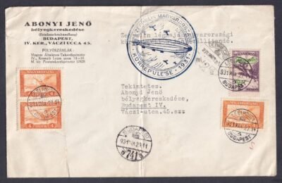 1931. Abonyi Jenő Bélyegkereskedés levél - Zeppelin magyarországi körrepüléssel, 2P Zeppelin bélyeggel, budapesti ledobással.