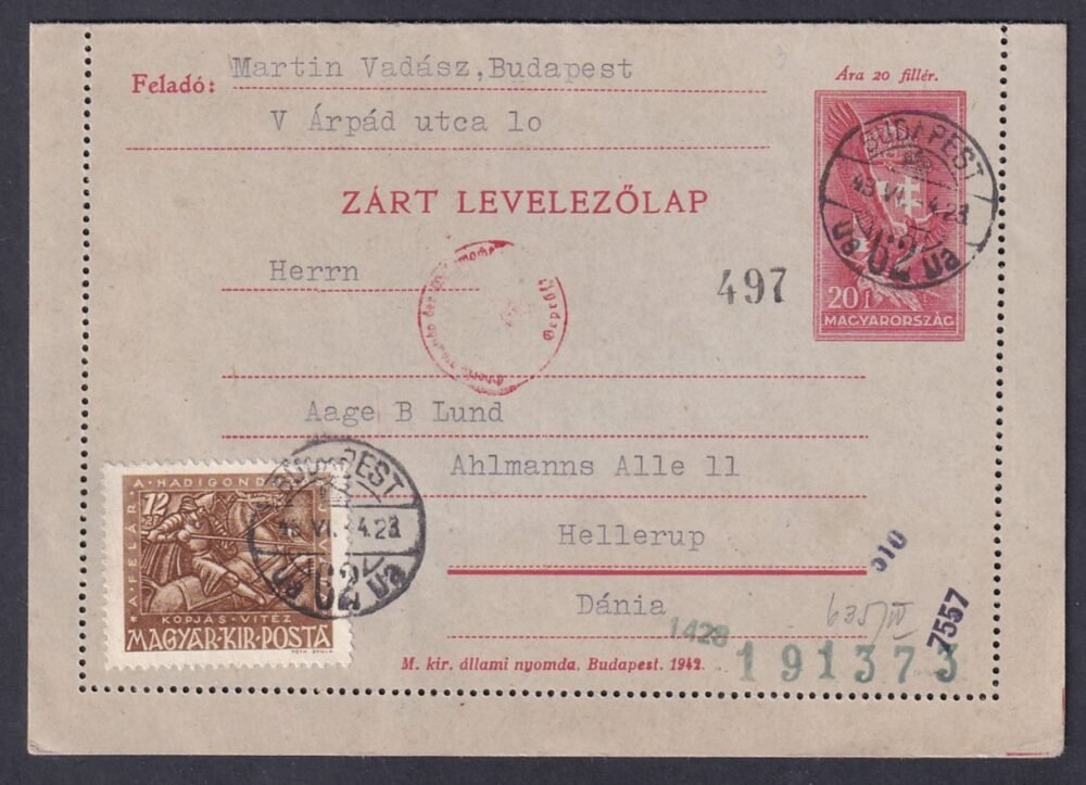 1943. Budapest, Hellerup (Dánia)-ba feladott cenzúrázott Zárt Levelezőlap