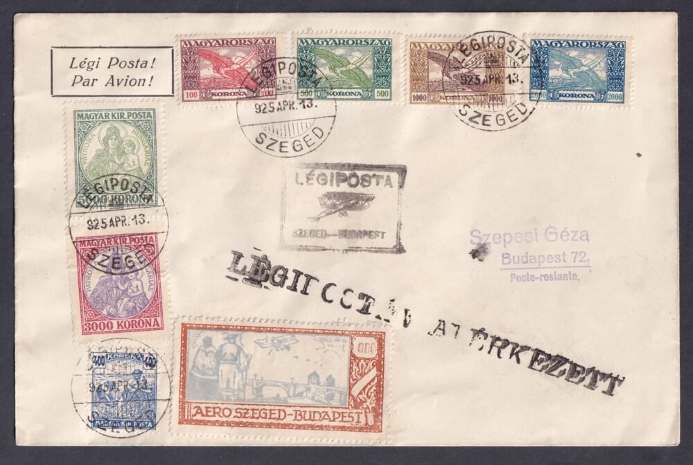 1925. Aero Szeged-Budapest légi járaton feladott levél Budapestre