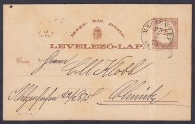 1875. MECZENZÉF / ABAUJ. M. Olmütz (Morvaország hajdani fővárosa,)-ba feladott levelezőlap