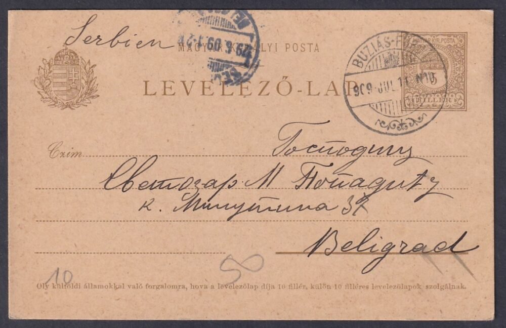 1909. Buziás-Fürdő, Belgrádba feladott levelezőlap