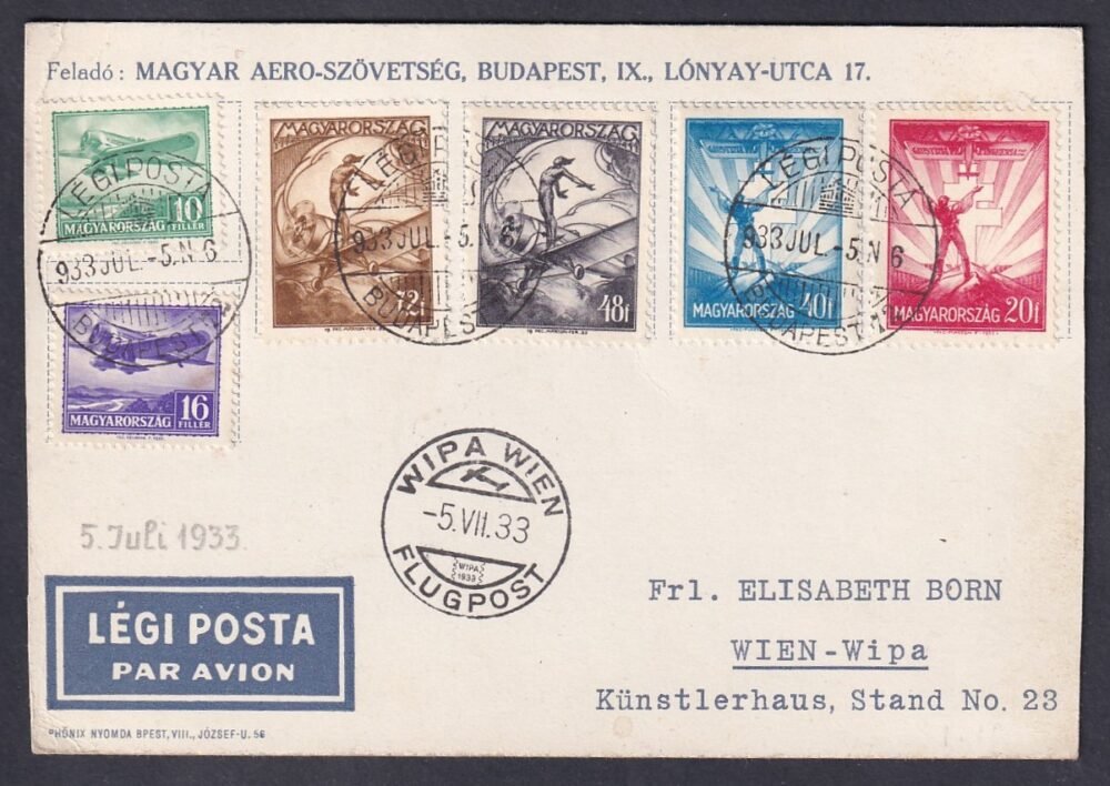 1933. WIPA – Bécsi Nemzetközi Filatéliai Kiállítás, Budapest–Bécs alkalmi légiposta-levelezőlap
