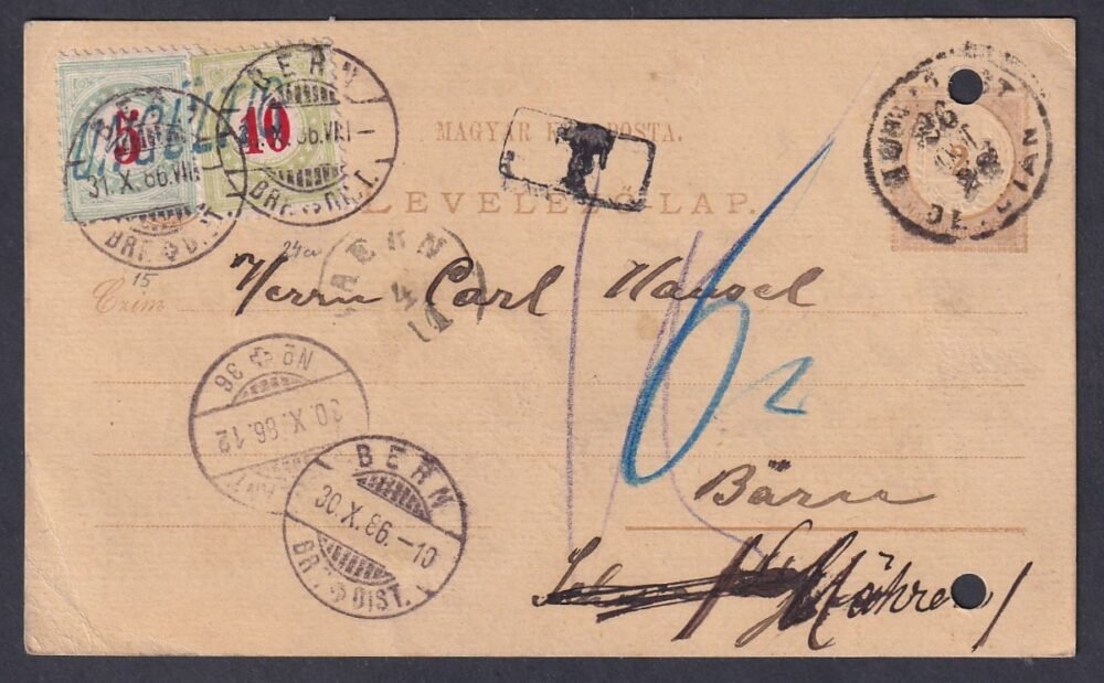 1886. Budapest, Bern (Svájc)-ba feladott portós levelezőlap