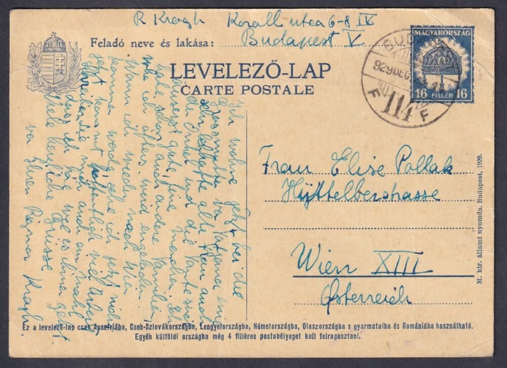 1929. Bécsbe feladott, 16 filléres kétnyelvű levelezőlap