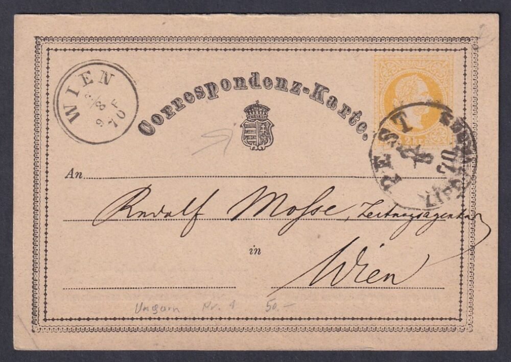 1870. Pest, Bécsbe feladott levelezőlap