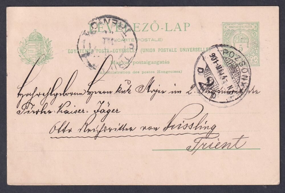 1901. Pozsony, triesztbe feladott UPU levelezőlap