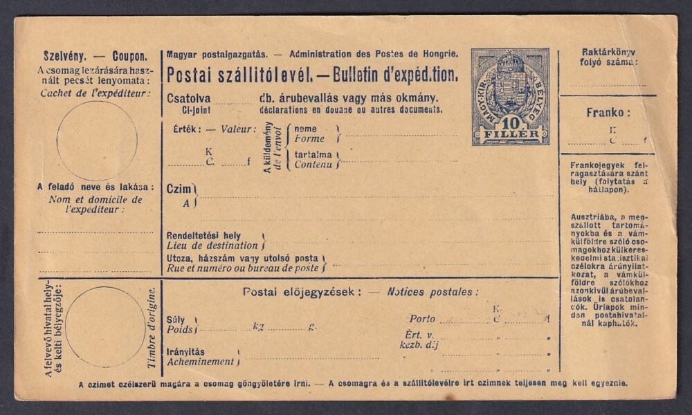 1918. kis alakú, használatlan Postai Szállílevél (magyar francia nyelvű)