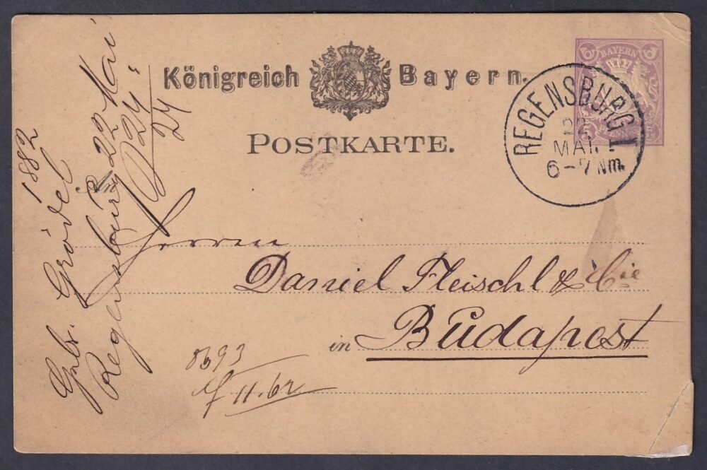 1882. Regensburg, Budapestre feladott levelezőlap