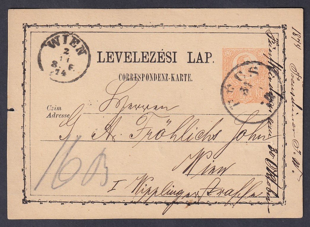 1874. Pécs, Bécsbe feladott levelezőlap