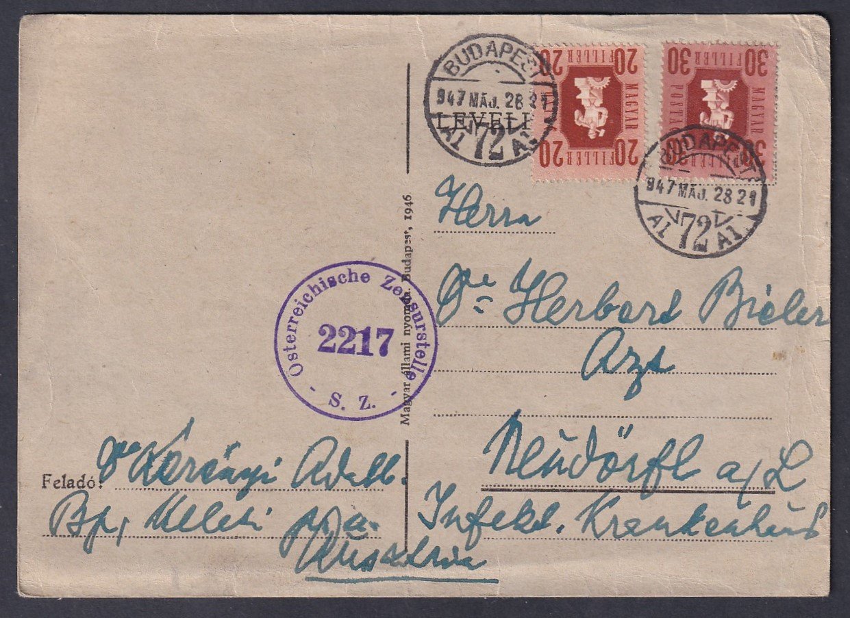 1947. Budapest, Ausztriába feladott cenzúrázott levél