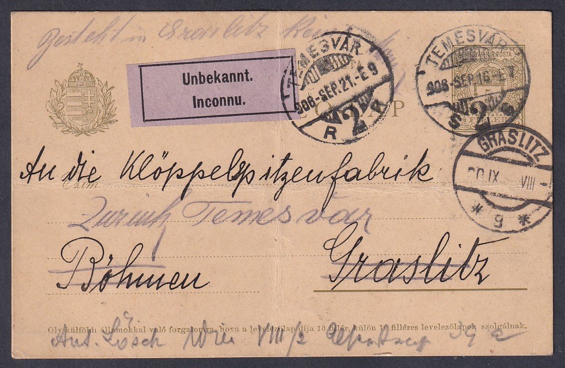 1908. Temesvár, Kraslice (németül Graslitz)-ba feladott levelező lap, "Unbekannt" ismeretlen ragjeggyel visszaküldve