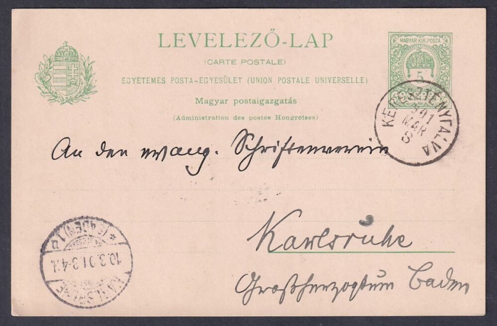 1901. KERESZTÉNYFALVA, Karlsruhe -be feladott UPU levelezőlap