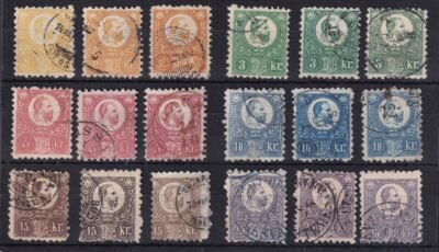 1871. Réznyomat sorok színárnyalat gyűjteménye, feketésbarna 15 kr, stb...