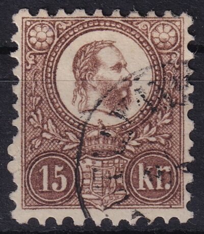 1871. Réznyomat 15 kr, a katalógusban nem szereplő színváltozatban: világos barnássárga, őzbarna árnyalatban – nem rézvörös, de ahhoz közeli tónus!