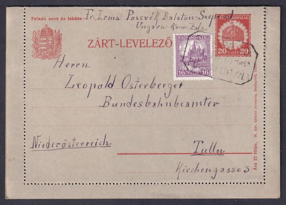 SZEPEZD Postaügynökség bélyegzéssel, Tulln (Ausztria)-ba feladott Zárt-Levelezőlap