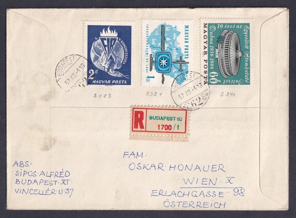 1966. Trófeák FDC boríték egy évvel késöbb felhasználva Bécsbe feladott ajánlott levélként (szükség boríték!)