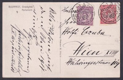 1918. Koronázás sorral és alkalmi bélyegzéssel Bécsbe feladott képeslap – így elsőnapi (FDC) küldemény.