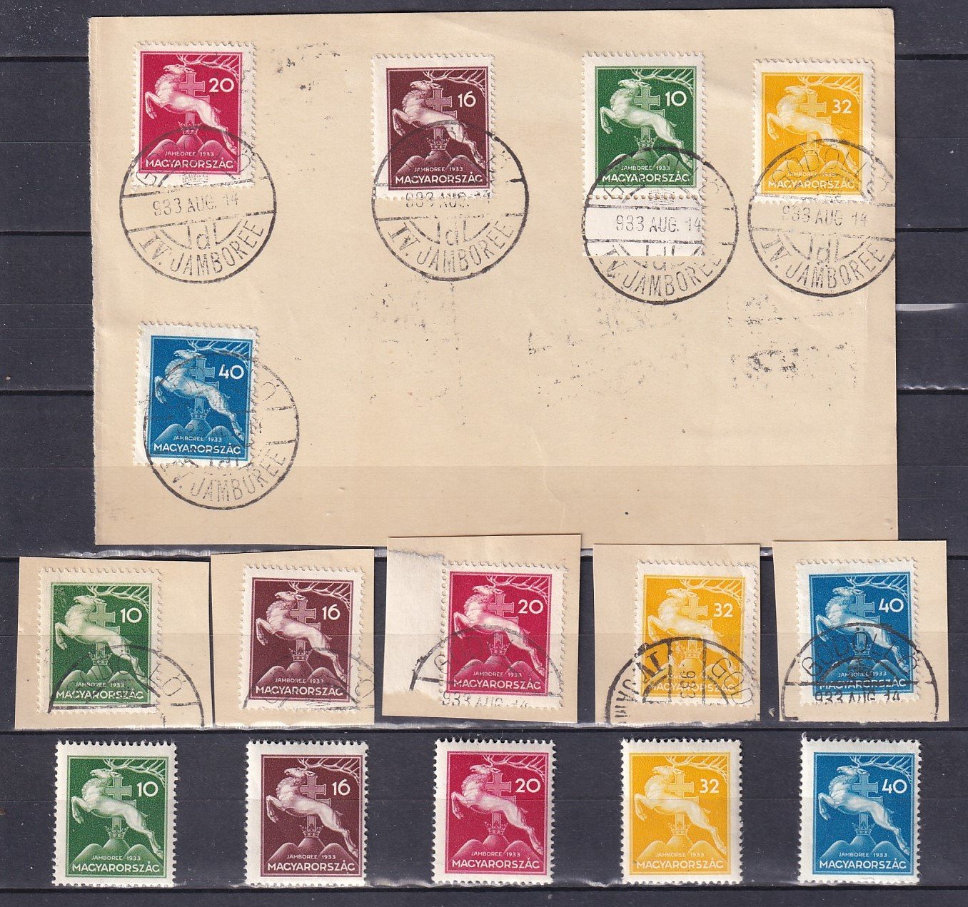 1936. Cserkész összeállítás: postatiszta, bélyegzett példányok (kivágáson), valamint alkalmi emléklapon (9 000++)