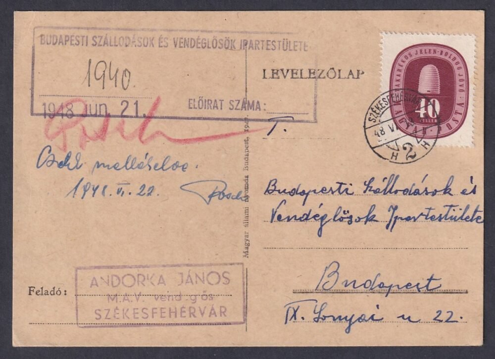 1948. Székesfehérvár, Budapestre feladott levelezőlap