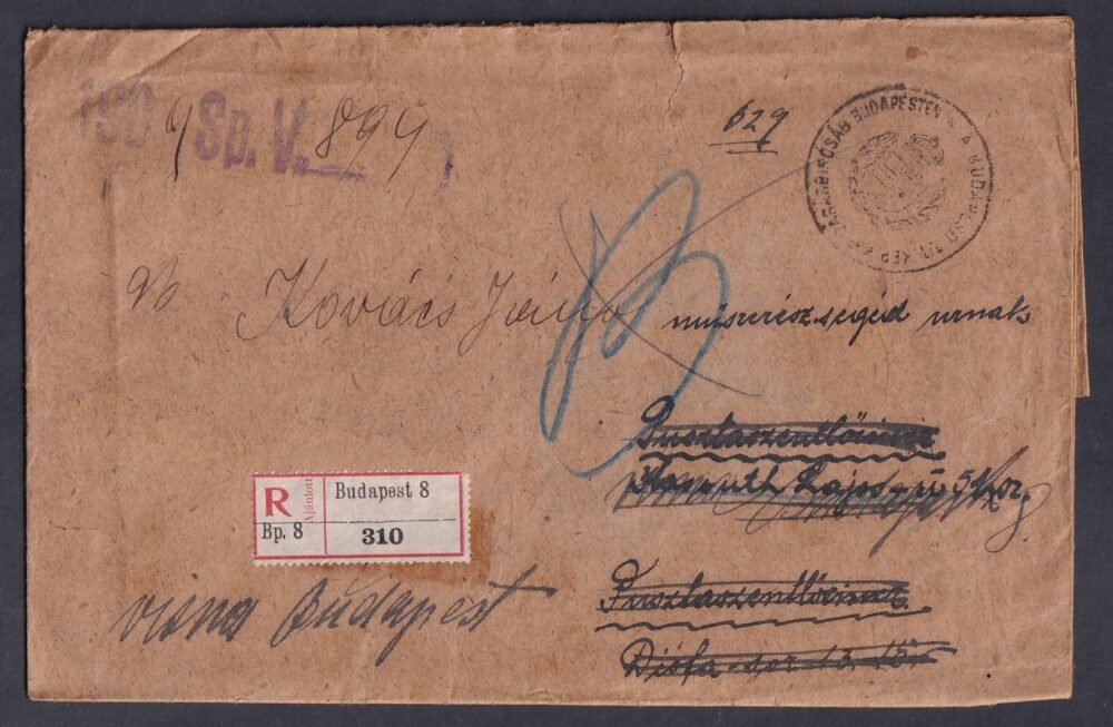 1909. Budapest, Pusztaszentlőrinc-re feladott ajánlott levél vissza küldve, teljes tartalommal!