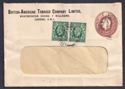 1915. Díjjegyes ablakos boríték a British-American Tobacco reklámnyomatával, 2 db "BAT" perfin bélyeggel díjkiegészítve. Ritka!