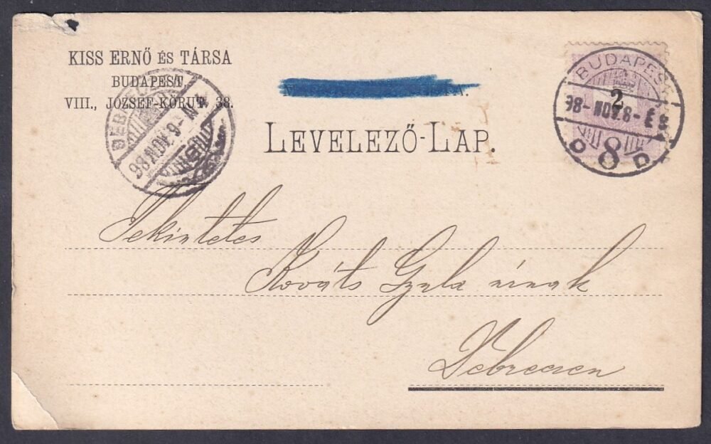 1898. Budapest, Debrecenbe feladott előre nyomtatott céges levelezőlap