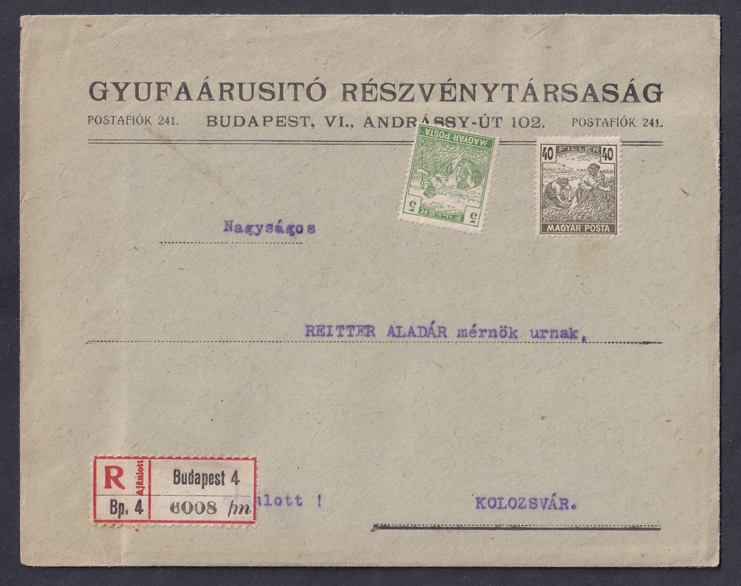 1919. céges boríték teljes tartalommal, Besztercebányára címezve ajánlott ragjeggyel, érvénytelenítés nélkül
